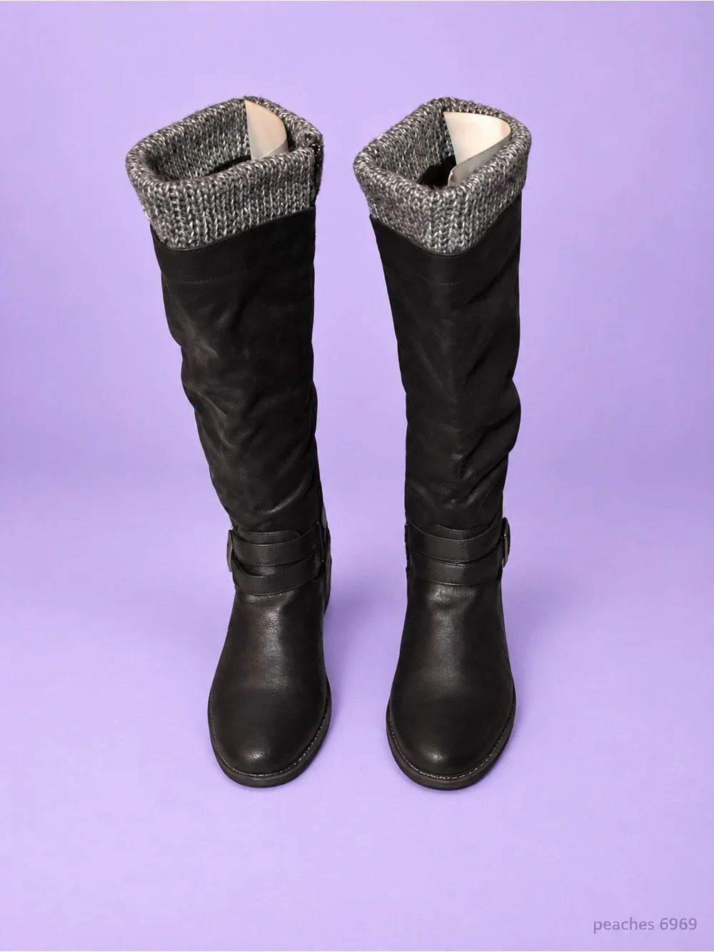 Gorgeous Wide calf Black Knee-high Boots with Gray Knit Cuff